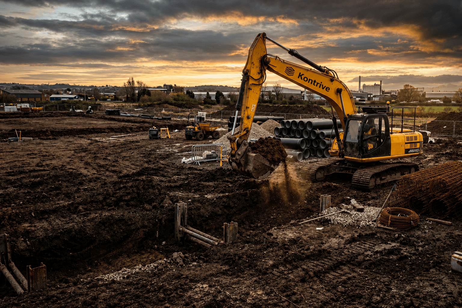 Excavator carrying out groundworks on a Kontrive site